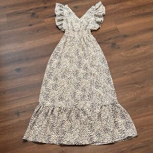Express Cream & Black Polka Dot Maxi Dress XXS Ruffle Sleeve Tiered Boho Dress